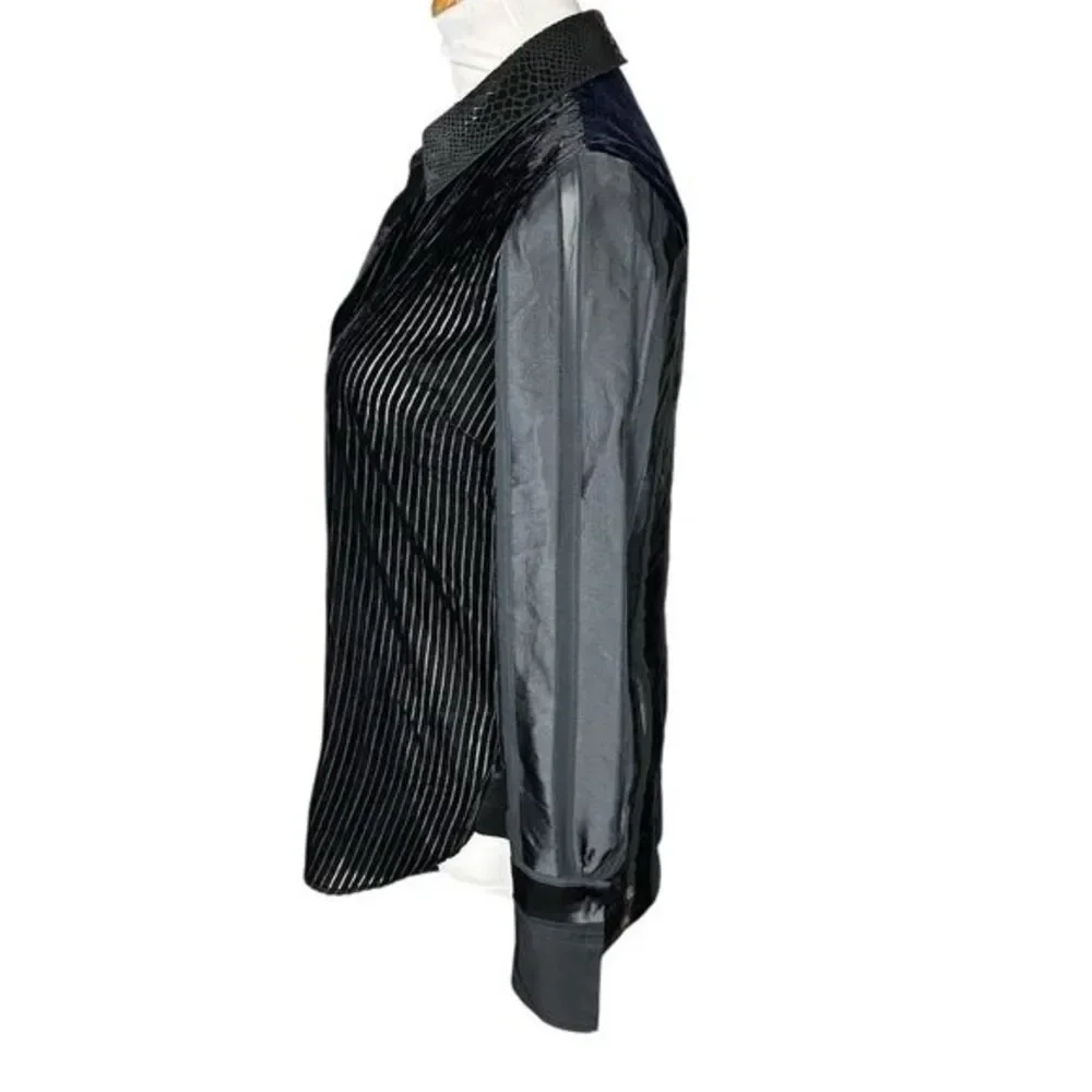 Elie Tahari Women's XS Black Martha Velvet Burnout Button Down Blouse - Picture 4 of 10